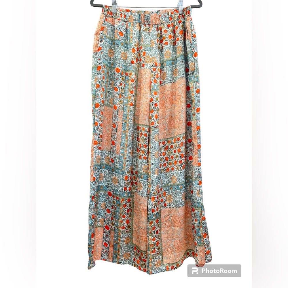 Wide Leg Patchwork Print Palazzo Pants - Teal & Coral